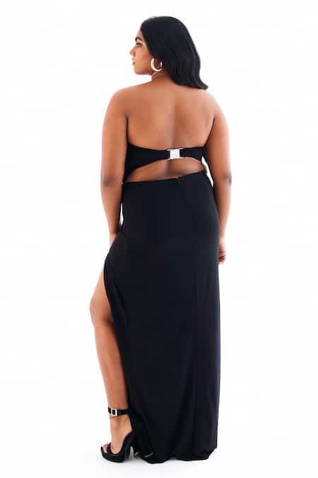 Shop_Tisharth By Shivani_Black Polyester Solid Sweetheart Cutout High Slit Dress _at_Aza_Fashions