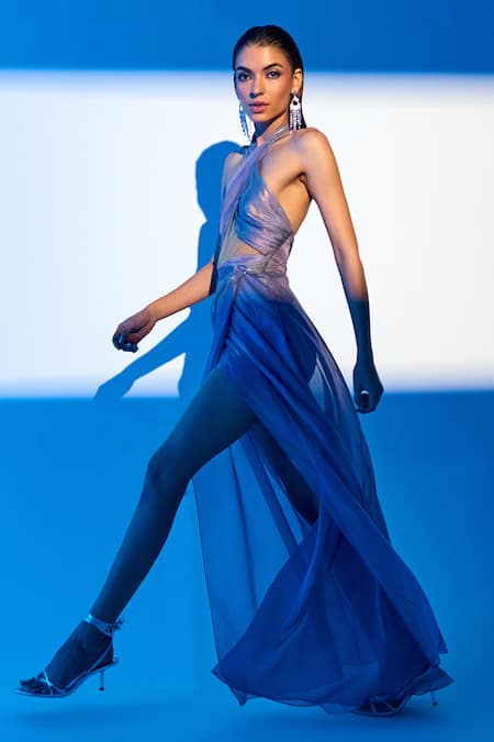 Tisharth By Shivani Purple Polyester, Lycra Halter Neck Draped Dress Online at Aza Fashions Tisharth By Shivani_Purple Polyester, Lycra Halter Neck Draped Dress _Online_at_Aza_Fashions