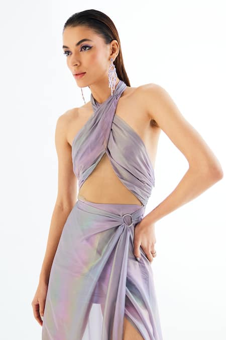 Shop Tisharth By Shivani Purple Polyester, Lycra Halter Neck Draped Dress Online at Aza Fashions Shop_Tisharth By Shivani_Purple Polyester, Lycra Halter Neck Draped Dress _Online_at_Aza_Fashions