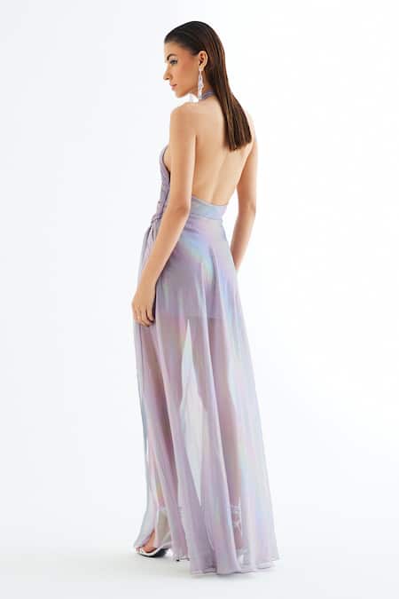 Shop Tisharth By Shivani Purple Polyester, Lycra Halter Neck Draped Dress at Aza Fashions Shop_Tisharth By Shivani_Purple Polyester, Lycra Halter Neck Draped Dress _at_Aza_Fashions