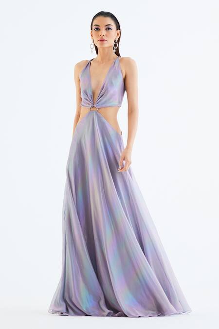 Tisharth By Shivani_Purple Polyester Solid Plunge-v Cutout Waist Draped Dress _Online_at_Aza_Fashions