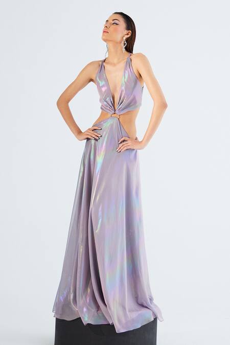 Buy_Tisharth By Shivani_Purple Polyester Solid Plunge-v Cutout Waist Draped Dress _Online_at_Aza_Fashions