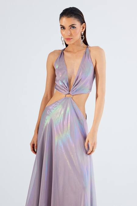 Shop_Tisharth By Shivani_Purple Polyester Solid Plunge-v Cutout Waist Draped Dress _Online_at_Aza_Fashions