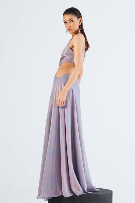 Tisharth By Shivani_Purple Polyester Solid Plunge-v Cutout Waist Draped Dress _at_Aza_Fashions