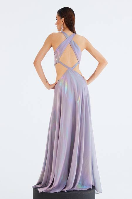 Shop_Tisharth By Shivani_Purple Polyester Solid Plunge-v Cutout Waist Draped Dress _at_Aza_Fashions