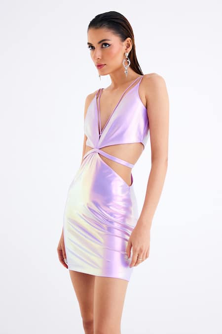 Tisharth By Shivani_Purple Polyester Plunge Neck Hologhraphic Mini Cutout Dress _Online_at_Aza_Fashions