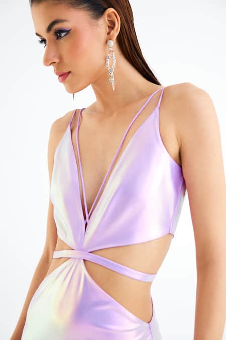 Shop_Tisharth By Shivani_Purple Polyester Plunge Neck Hologhraphic Mini Cutout Dress _Online_at_Aza_Fashions