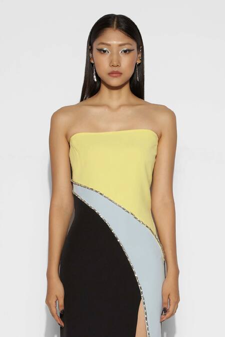 Tisharth By Shivani_Black 100% Polyester Embroidery Glass Stone Off Color Block Bandeau Dress _Online_at_Aza_Fashions