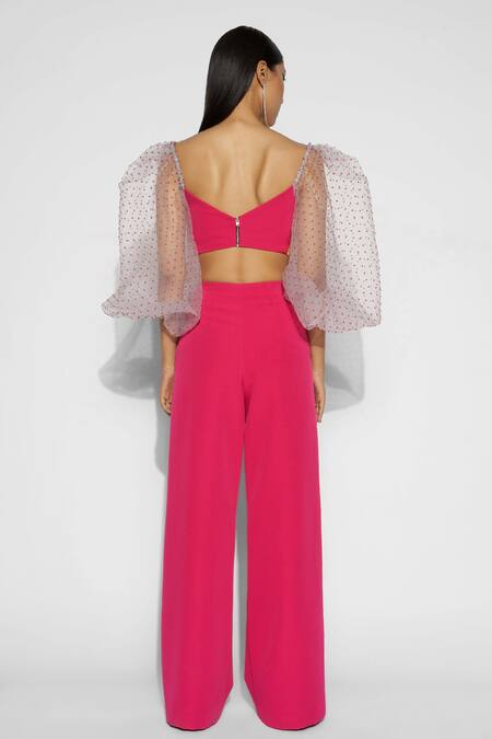 Shop_Tisharth By Shivani_Pink 100% Polyester Plain Solid Wide Leg Pant _at_Aza_Fashions
