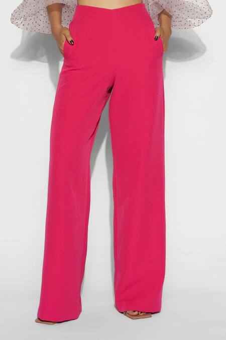 Buy_Tisharth By Shivani_Pink 100% Polyester Plain Solid Wide Leg Pant _Online_at_Aza_Fashions