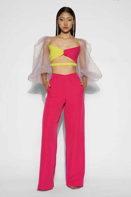 Shop_Tisharth By Shivani_Pink 100% Polyester Plain Solid Wide Leg Pant _Online_at_Aza_Fashions