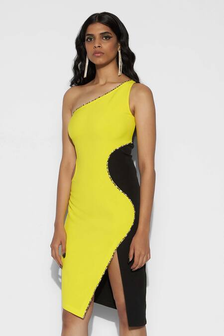 Buy_Tisharth By Shivani_Black Polyester Embroidery One Shoulder Color Block Dress _Online_at_Aza_Fashions