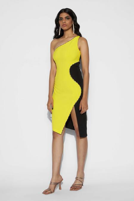 Shop_Tisharth By Shivani_Black Polyester Embroidery One Shoulder Color Block Dress _Online_at_Aza_Fashions