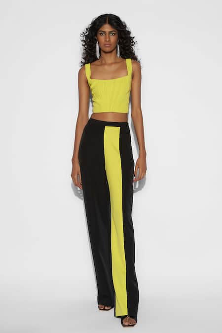 Tisharth by Shivani Yellow 100% Polyester Plain Square Corset Top With Color Block Pant