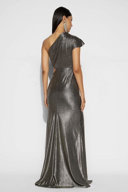 Tisharth By Shivani One Shoulder Moon Cut Draped Gown 