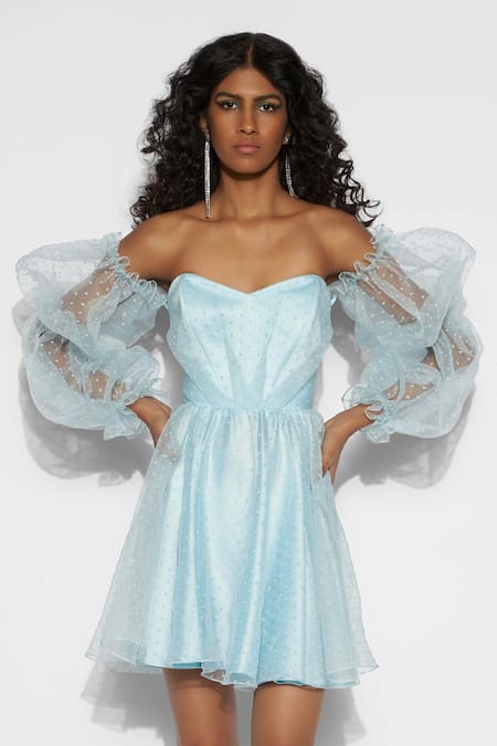 Tisharth By Shivani Blue Polyester, Satin Sweetheart Neck Off Shoulder Skater Dress Online at Aza Fashions Tisharth By Shivani_Blue Polyester, Satin Sweetheart Neck Off Shoulder Skater Dress _Online_at_Aza_Fashions