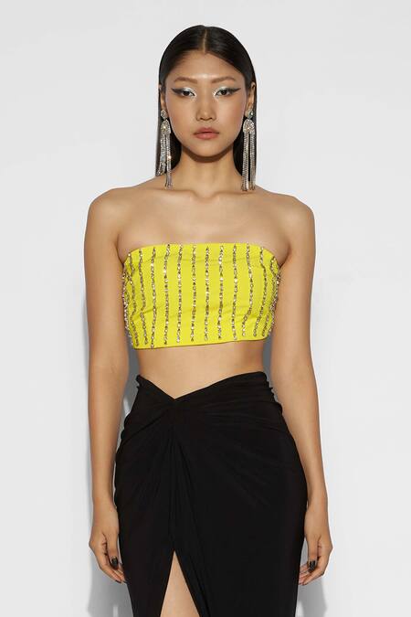 Shop Tisharth By Shivani Black Polyester Glitter Off-shoulder Embroidered Bustier With Draped Skirt Shop_Tisharth By Shivani_Black Polyester Glitter Off-shoulder Embroidered Bustier With Draped Skirt