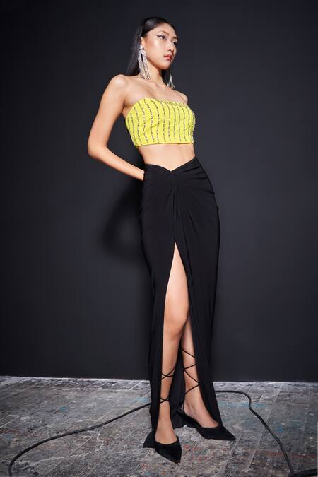 Tisharth By Shivani Yellow Polyester Beads Off-shoulder Embroidered Off Bustier Online at Aza Fashions Tisharth By Shivani_Yellow Polyester Beads Off-shoulder Embroidered Off Bustier _Online_at_Aza_Fashions
