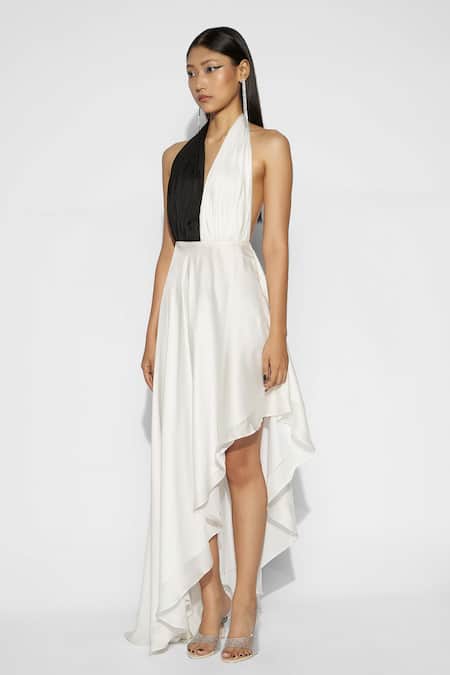 Tisharth by Shivani White Polyester, Crepe Halter Neck Assymetric Color Block Dress at Aza Fashions Tisharth by Shivani_White Polyester, Crepe Halter Neck Assymetric Color Block Dress _at_Aza_Fashions