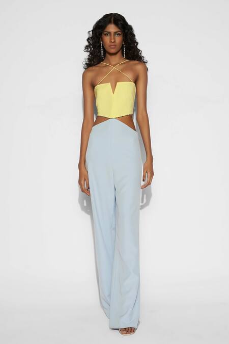 Buy_Tisharth By Shivani_Blue Polyester Embroidery Off-shoulder Color Block Jumpsuit _Online_at_Aza_Fashions