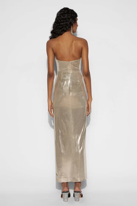 Shop_Tisharth By Shivani_Gold 100% Polyester Plain Off Shoulder Ruched Bandeau Dress _at_Aza_Fashions