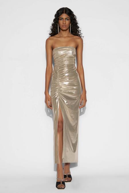 Tisharth By Shivani_Gold 100% Polyester Plain Off Shoulder Ruched Bandeau Dress _at_Aza_Fashions