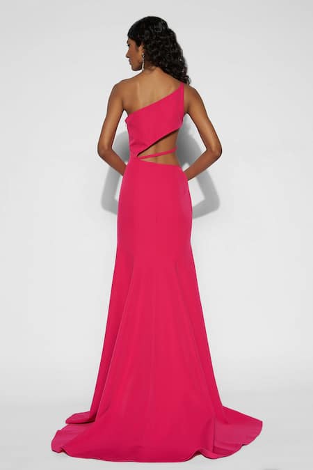 Shop_Tisharth By Shivani_Pink Polyester One Shoulder Long Gown _at_Aza_Fashions