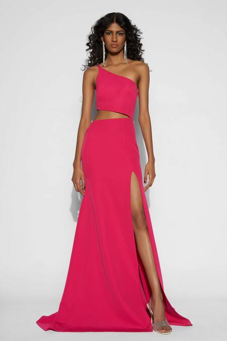 Shop_Tisharth By Shivani_Pink Polyester One Shoulder Long Gown _Online_at_Aza_Fashions