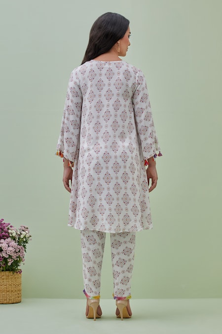 Shop_Grass & Sunshine_Off White Viscose Tassels Round Bohemian Geometric Print Kurta And Dhoti Pant Set _at_Aza_Fashions