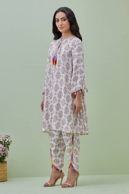 Grass & Sunshine_Off White Viscose Tassels Round Bohemian Geometric Print Kurta And Dhoti Pant Set _Online_at_Aza_Fashions