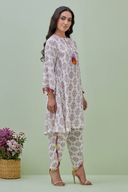 Shop_Grass & Sunshine_Off White Viscose Tassels Round Bohemian Geometric Print Kurta And Dhoti Pant Set _Online_at_Aza_Fashions