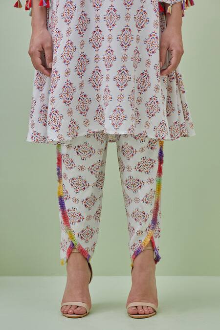 Grass & Sunshine_Off White Viscose Tassels Round Bohemian Geometric Print Kurta And Dhoti Pant Set _at_Aza_Fashions