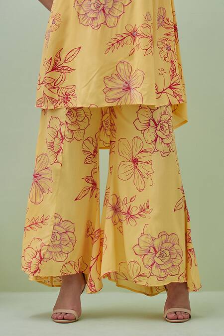 Grass & Sunshine Yellow Viscose Embroidery Halter Neck Blossom Floral Print Kurta And Pant Set Online at Aza Fashions Grass & Sunshine_Yellow Viscose Embroidery Halter Neck Blossom Floral Print Kurta And Pant Set _Online_at_Aza_Fashions
