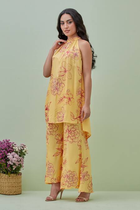 Buy Grass & Sunshine Yellow Viscose Embroidery Halter Neck Blossom Floral Print Kurta And Pant Set Online at Aza Fashions Buy_Grass & Sunshine_Yellow Viscose Embroidery Halter Neck Blossom Floral Print Kurta And Pant Set _Online_at_Aza_Fashions