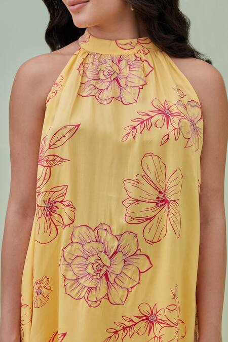 Shop Grass & Sunshine Yellow Viscose Embroidery Halter Neck Blossom Floral Print Kurta And Pant Set Online at Aza Fashions Shop_Grass & Sunshine_Yellow Viscose Embroidery Halter Neck Blossom Floral Print Kurta And Pant Set _Online_at_Aza_Fashions