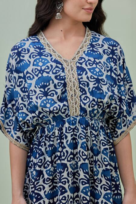 Buy Grass & Sunshine Blue Viscose Lace V-neck Easy Breezy Batik Print Kurta And Pant Set Online at Aza Fashions Buy_Grass & Sunshine_Blue Viscose Lace V-neck Easy Breezy Batik Print Kurta And Pant Set _Online_at_Aza_Fashions