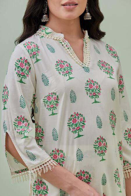 Shop_Grass & Sunshine_Off White Modal Embroidery Collared Floral Print Kurta And Pant Set _Online_at_Aza_Fashions