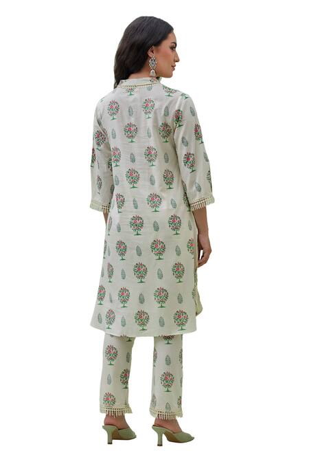 Grass & Sunshine_Off White Modal Embroidery Collared Floral Print Kurta And Pant Set _at_Aza_Fashions