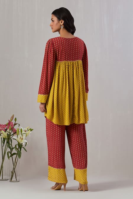 Shop Grass & Sunshine Red Rayon Embroidery V-neck Bohemian Floral Print Kurta And Pant Set at Aza Fashions Shop_Grass & Sunshine_Red Rayon Embroidery V-neck Bohemian Floral Print Kurta And Pant Set _at_Aza_Fashions