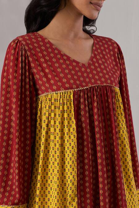 Buy Grass & Sunshine Red Rayon Embroidery V-neck Bohemian Floral Print Kurta And Pant Set Online at Aza Fashions Buy_Grass & Sunshine_Red Rayon Embroidery V-neck Bohemian Floral Print Kurta And Pant Set _Online_at_Aza_Fashions