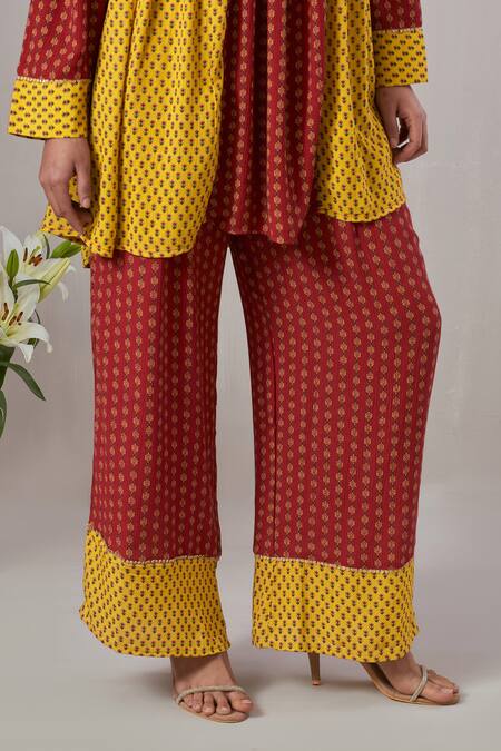 Shop Grass & Sunshine Red Rayon Embroidery V-neck Bohemian Floral Print Kurta And Pant Set Online at Aza Fashions Shop_Grass & Sunshine_Red Rayon Embroidery V-neck Bohemian Floral Print Kurta And Pant Set _Online_at_Aza_Fashions