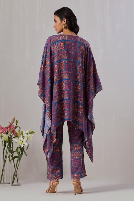 Shop_Grass & Sunshine_Purple Viscose Embroidery, Zari Split V-neck Floral Print Kaftan And Pant Set _at_Aza_Fashions