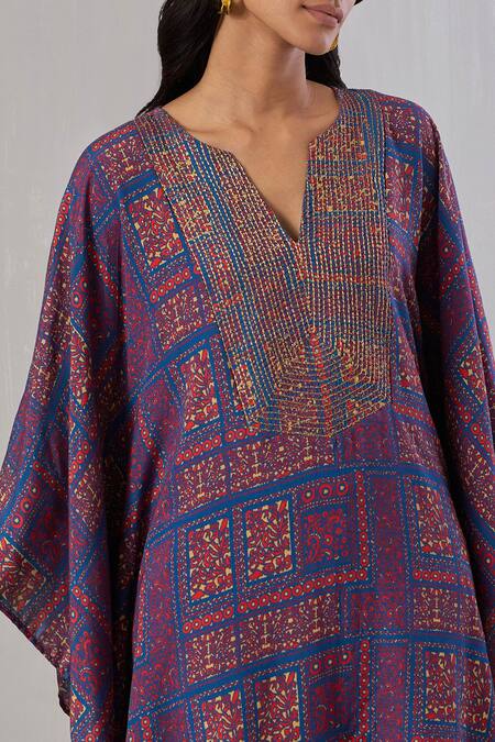 Buy_Grass & Sunshine_Purple Viscose Embroidery, Zari Split V-neck Floral Print Kaftan And Pant Set _Online_at_Aza_Fashions