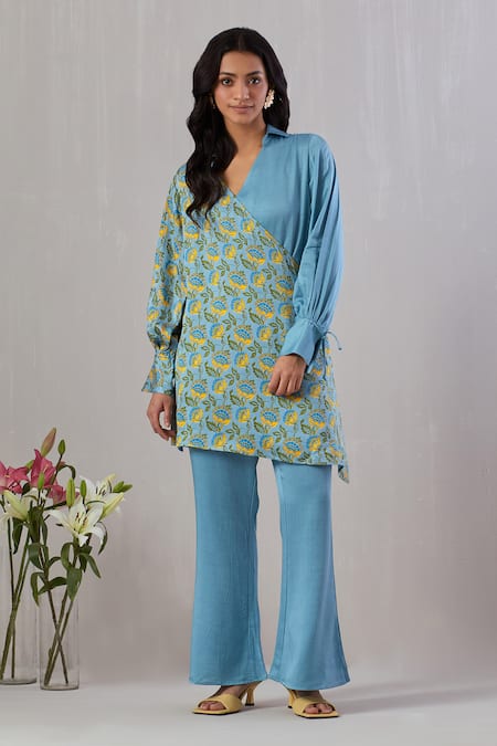 Grass & Sunshine Floral Block Print Wrapped Kurta & Pant Set 