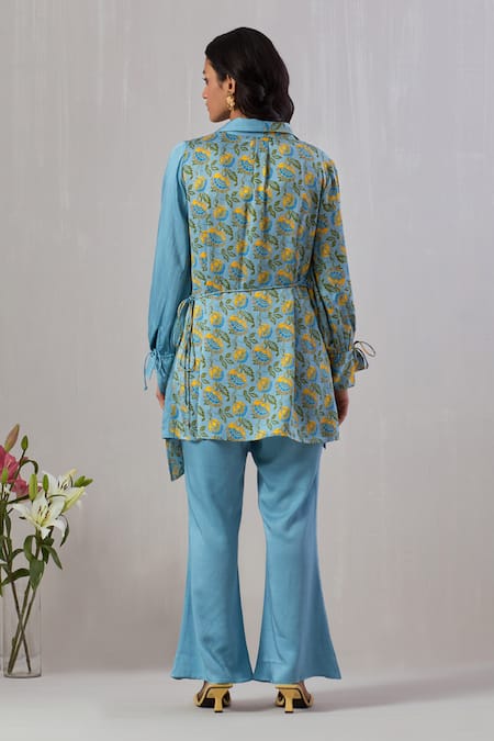 Shop Grass & Sunshine Blue Viscose, Satin Collared Floral Block Print Wrapped Kurta And Pant Set at Aza Fashions Shop_Grass & Sunshine_Blue Viscose, Satin Collared Floral Block Print Wrapped Kurta And Pant Set _at_Aza_Fashions
