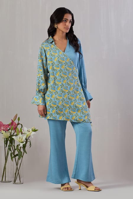 Grass & Sunshine Blue Viscose, Satin Collared Floral Block Print Wrapped Kurta And Pant Set Online at Aza Fashions Grass & Sunshine_Blue Viscose, Satin Collared Floral Block Print Wrapped Kurta And Pant Set _Online_at_Aza_Fashions