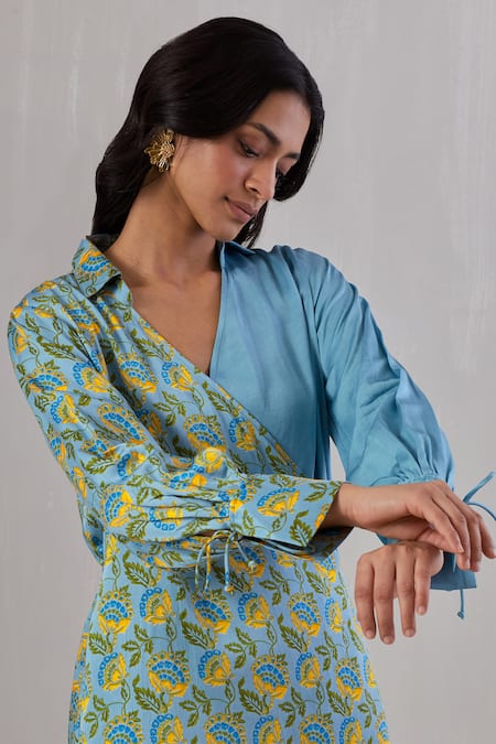 Buy Grass & Sunshine Blue Viscose, Satin Collared Floral Block Print Wrapped Kurta And Pant Set Online at Aza Fashions Buy_Grass & Sunshine_Blue Viscose, Satin Collared Floral Block Print Wrapped Kurta And Pant Set _Online_at_Aza_Fashions