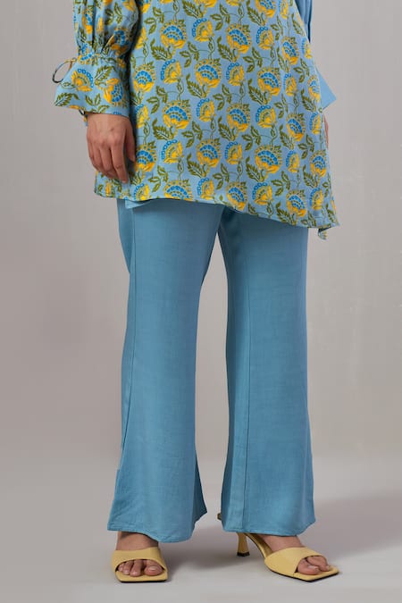 Shop Grass & Sunshine Blue Viscose, Satin Collared Floral Block Print Wrapped Kurta And Pant Set Online at Aza Fashions Shop_Grass & Sunshine_Blue Viscose, Satin Collared Floral Block Print Wrapped Kurta And Pant Set _Online_at_Aza_Fashions