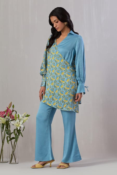 Grass & Sunshine Blue Viscose, Satin Collared Floral Block Print Wrapped Kurta And Pant Set at Aza Fashions Grass & Sunshine_Blue Viscose, Satin Collared Floral Block Print Wrapped Kurta And Pant Set _at_Aza_Fashions