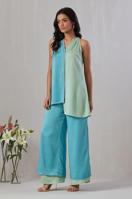 Grass & Sunshine Green Viscose Satin Thread Notched Solid Top And Double-layered Pant Set 